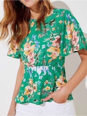 LOFT Green Floral Flutter Sleeve Peplum Top